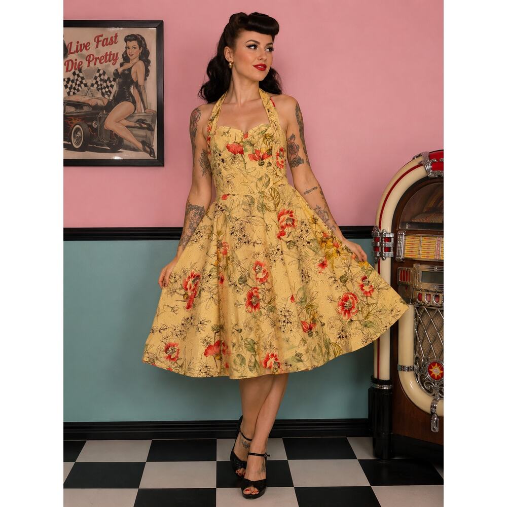 vintage yellow floral eyelet lace dress halter styl midi rockabilly Summer party